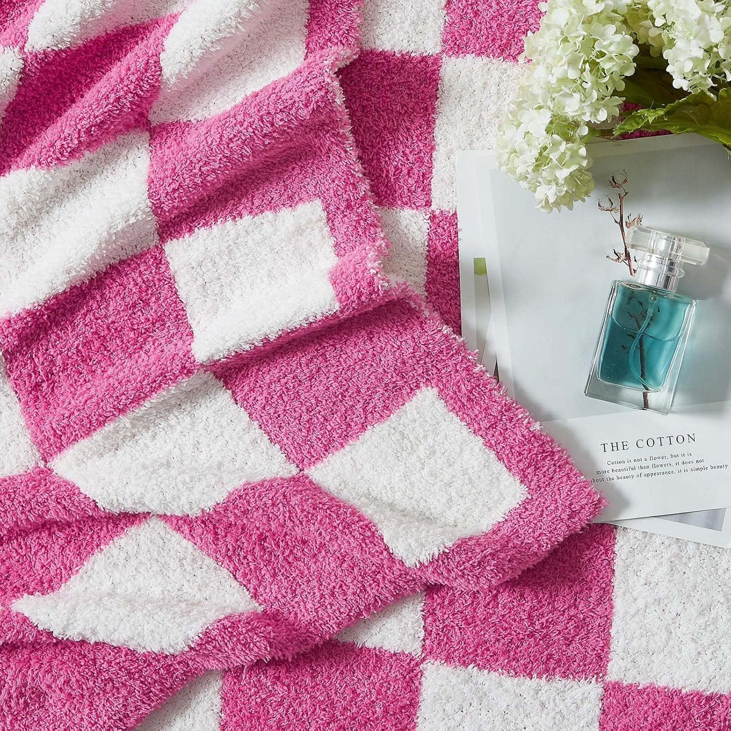 WRENSONGE Checkered Throw Blanket, Hot Pink Soft Cozy Fluffy Warm Hand Made Throw Blankets for Couch, Sofa, Chair, Bed, Camping, Picnic, Travel Lightweight Bed Blanket - 50"*70"